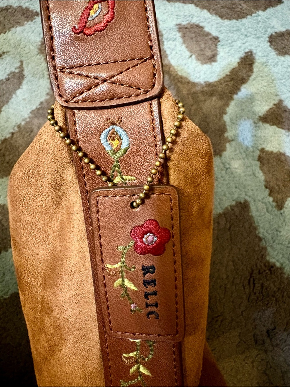 Relic Tan/Brown Suede Shoulder Bag with Floral Embroidery